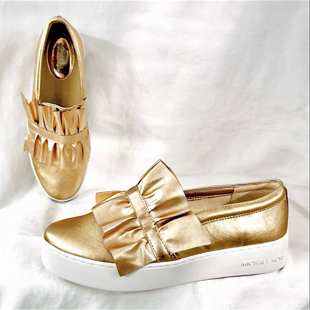Michael Kors New Bella Sip on Ruffle Metallic Leather Platform Flats - Picture 3 of 17